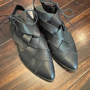 Free People Black Leather Woven Tie Flats 41 10